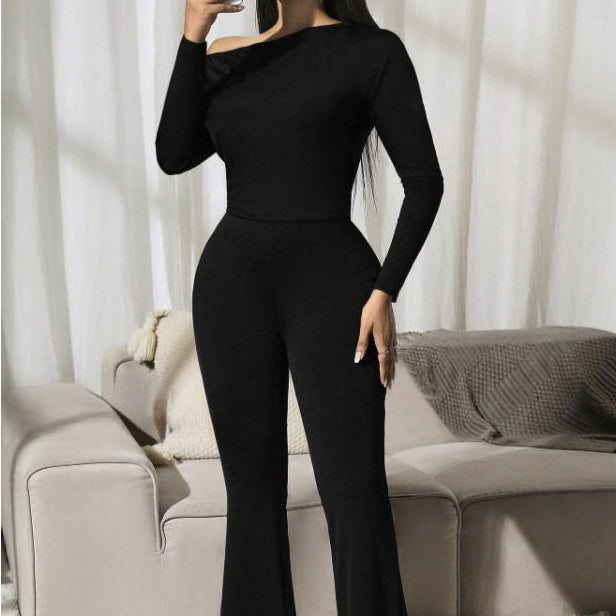 Ladies' Solid Color Fashionable And Elegant Autumn And Winter Long Sleeved Off Shoulder Jumpsuit