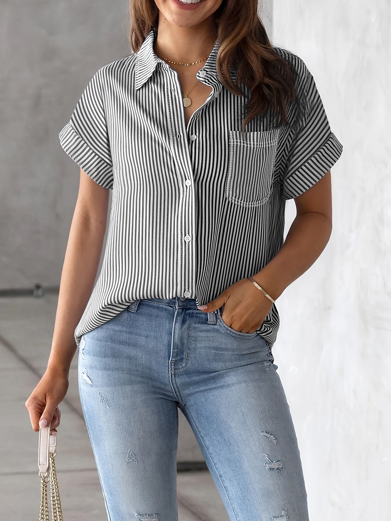 Vertical Striped Button Front Shirt, Stylish Short Sleeve Shirt For Spring & Summer, Women's Clothing