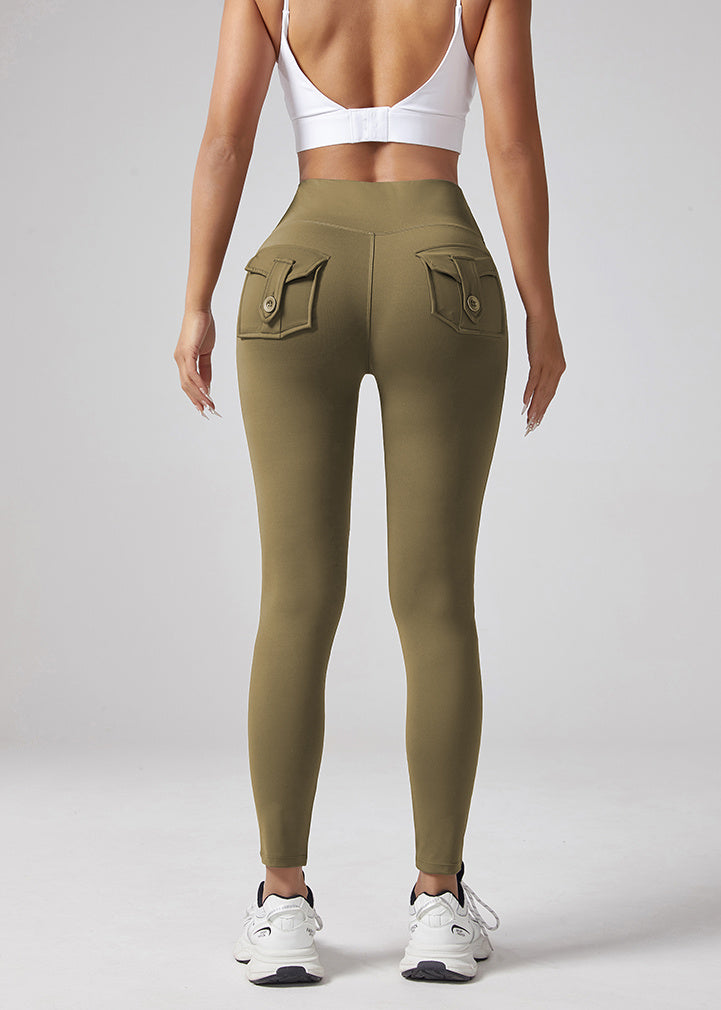 V-waist Yoga Elastic Tight Pants, Women's Peach Hip Lifting Running Speed Drying Yoga Pants, Workwear Pocket Button Pants