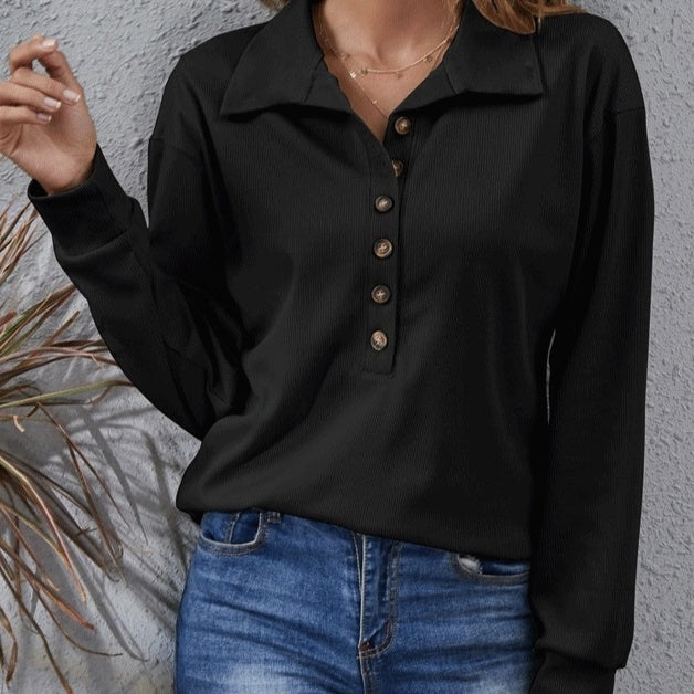Ladies' Fashion Button Solid Color Collar Button Elegant T-shirt