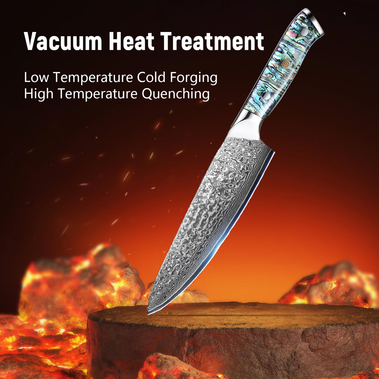 Damascus Steel Chef Knife 8 Inch, Santoku Knife, Boning Knife, Japanese Professional 10Cr15MOV Blade With Hand Forged Hammer Pattern, Ultra Sharp Kitchen Knife With Abalone Shell Ergonomic Handle