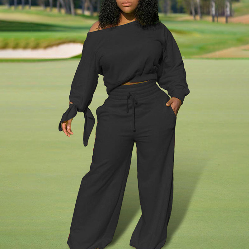 Women's One-Shoulder Casual Set - Solid Color Long Sleeve Top & Elastic Waist Pants With Drawstring & Pockets For Spring & Fall
