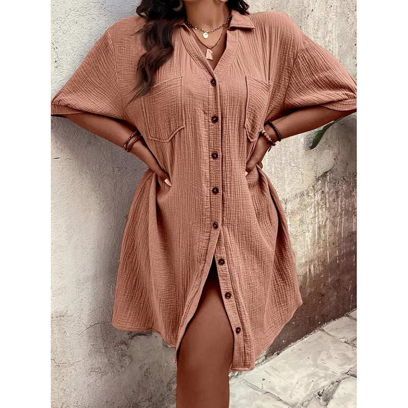 Womens Cotton Shirt Dress Summer Casual Short Sleeve Button Down V Neck Loose Mini Dress With Pockets