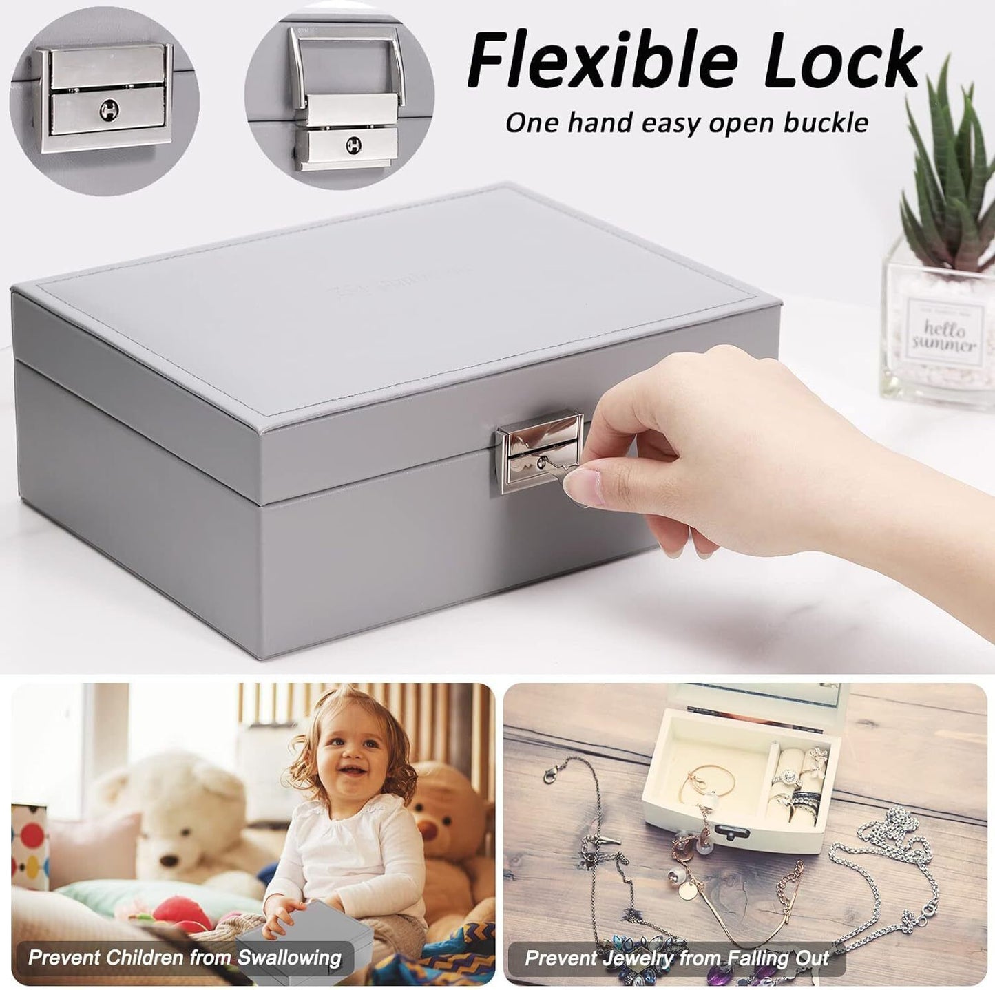 2 Layer Grey Jewellery Box Organizer Rings Necklaces Jewellry Storage Case Box