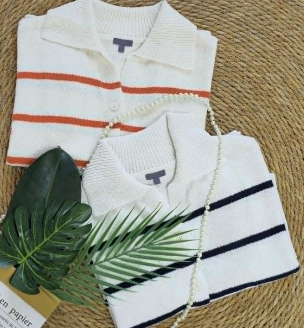 Women's 2025 Spring Summer Casual Fold-Down Short Sleeve Fashion Button Knitted Cardigan Sweater Navy Striped Sleeve Knitted Cardigan