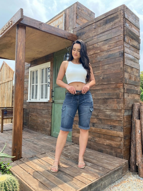 Women's Mid-Rise Cargo Bermuda Shorts, Relaxed Fit Knee-Length Jean Shorts With Large Utility Pockets And A Frayed Hem, Light-Wash Denim For A Y2K Streetwear Look Forbidden Platform - Temu