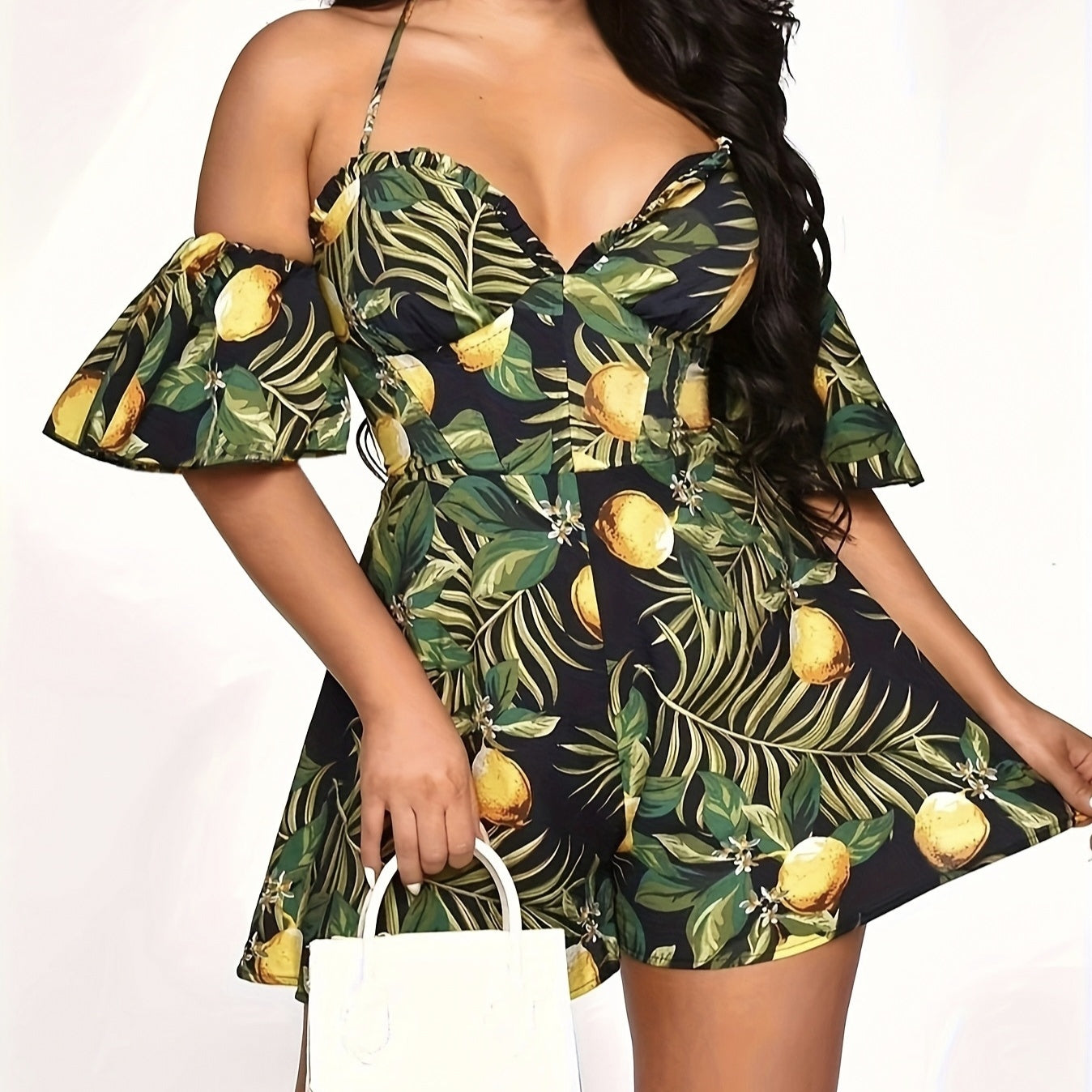 Ladies' Elegant All Inclusive Printed Off Shoulder Short Ruffled Sleeves Sexy V-neck Vacation Sexy Jumpsuit