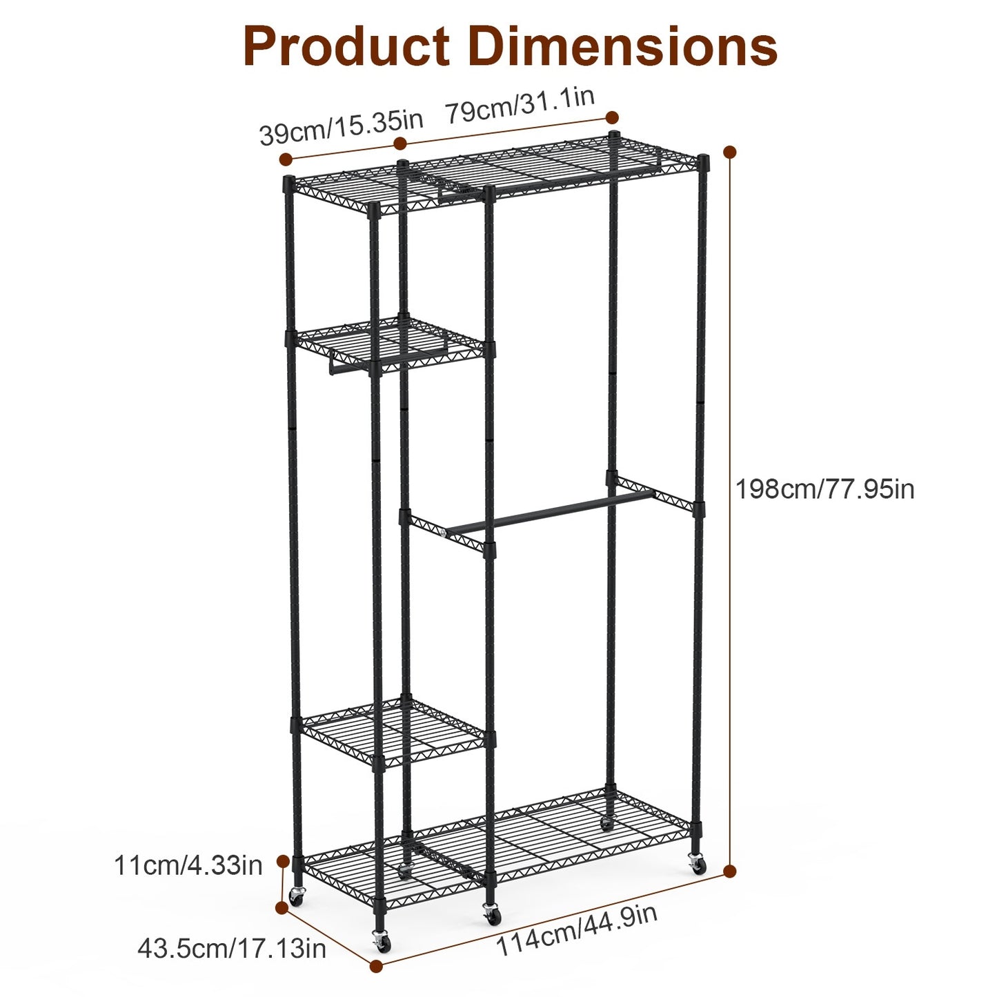 1Pc 4 Tier Heavy Duty Garment Rack With Wheels Carbon Steel Clothing Rack Portable Wardrobe Clothes Rack With 3 Hanging Rods 6 Footrests 44.9x17.13x77.95in