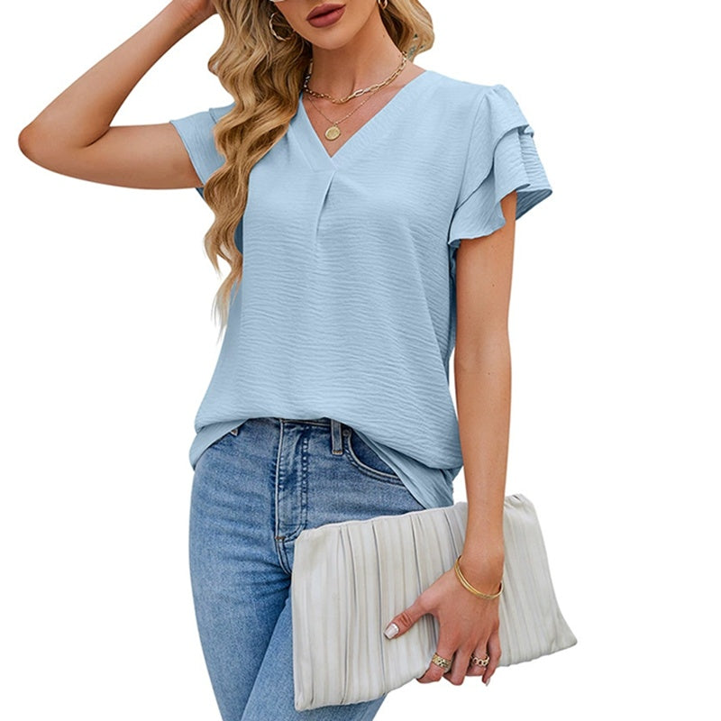Womens Dressy Tops V Neck Flowy Ruffle Short Sleeve Shirts Elegant Business Outfits
