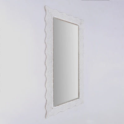 Rustic White Solid Wood Handcarved Wave Design Rectangle Mirror Accent-36 X 72