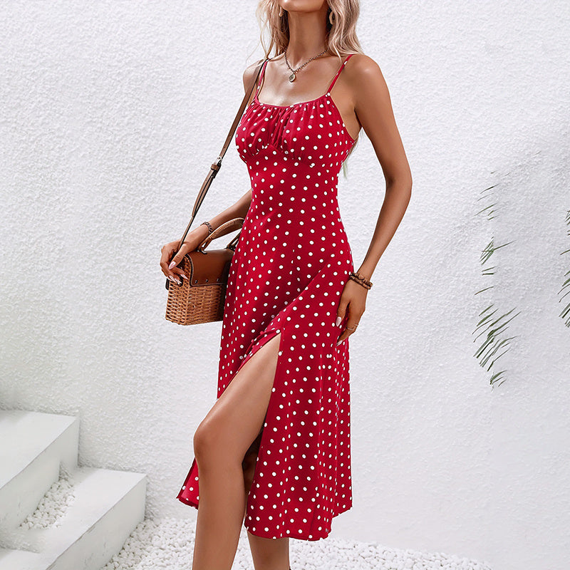 Women's Summer Casual Boho Sundress Polka Dot Sleeveless Spaghetti Strap Backless Side Slit Dresses