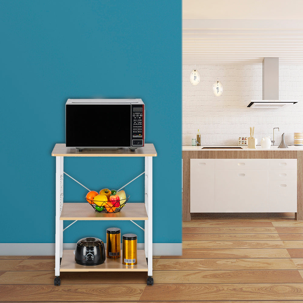 3-tier With 10 Hooks, 4 Wheels, X-reinforcement On The Back, Microwave Rack