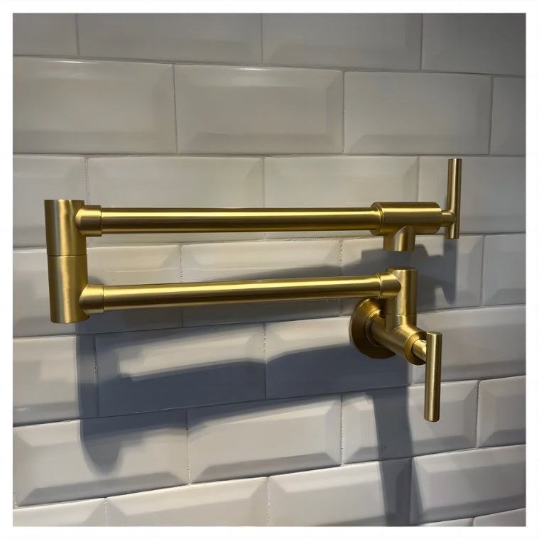 Gold Pot Filler Faucet Wall Mount Kitchen Folding Faucet With Double Joint Swing Arms, Two Handle Design