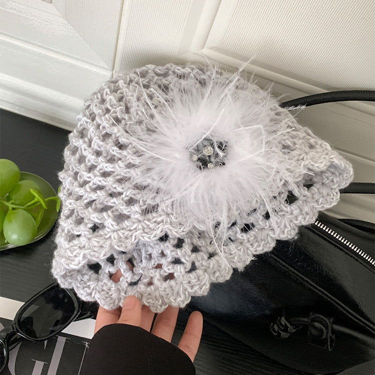 French Retro Black Feather Hand-woven Knitted Hat