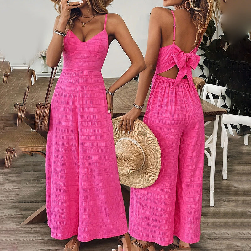 Women's Elegant Pink Sleeveless Jumpsuit With Back Bow V-Neck Palazzo Pants, Vintage Style Casual Beachwear For Spring & Summer