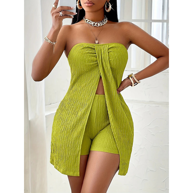 Women's 2 Piece Outfits Elegant Textured Strapless Ruched High Slit Tube Top And High Waist Skinny Shorts Shorts Set