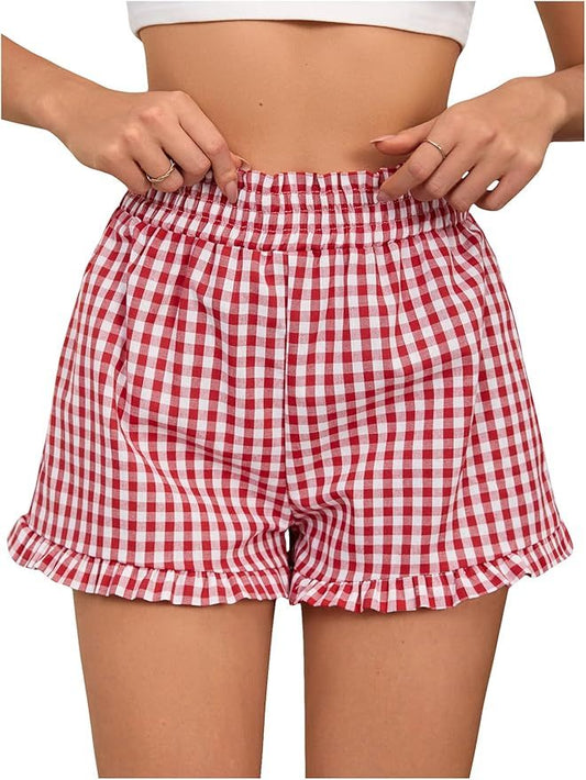 Women's Plaid Print Patched Decor Button Front Elastic Waist Shorts, Casual Comfy Straight Leg Shorts For Summer, Ladies Bottoms For Daily Wear, Women Workout Clothes Womenswear Beach Cottage Shorts