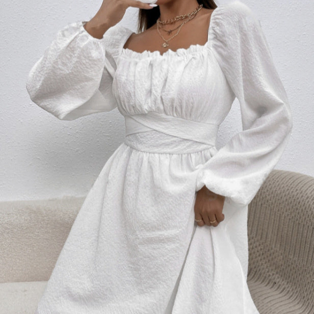 Ladies' Fashion Elegant Solid Color Collar Lace Fold Waist A-list Dress