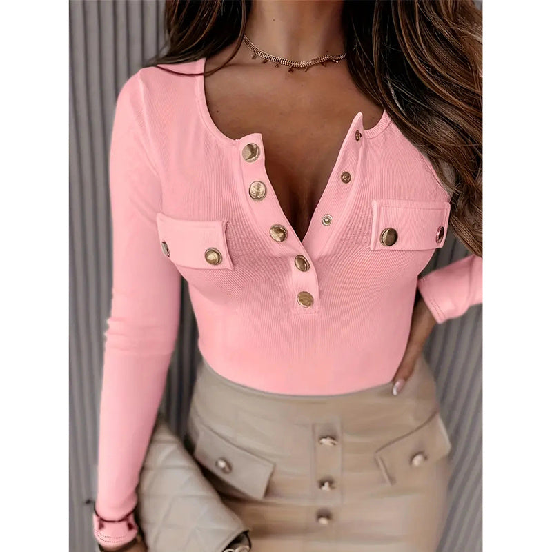 Womens Long Sleeves Ribbed Knit Tunic Shirts Scoop Neck Button-Up Tops Slim Fit Blouses