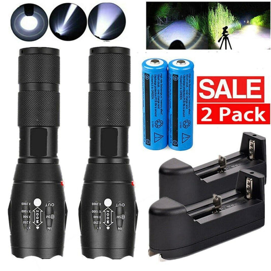 2x 990000LM Bright LED Flashlight Rechargeable Torch Camping Zoom Light Lamp