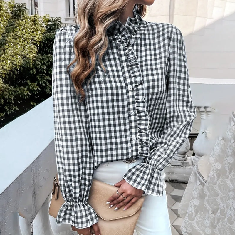 Women's French Style Checkered Button-Up Shirt - Elegant Plaid Pattern, Stand Collar With Ruffled Cuffs, Comfortable Wear