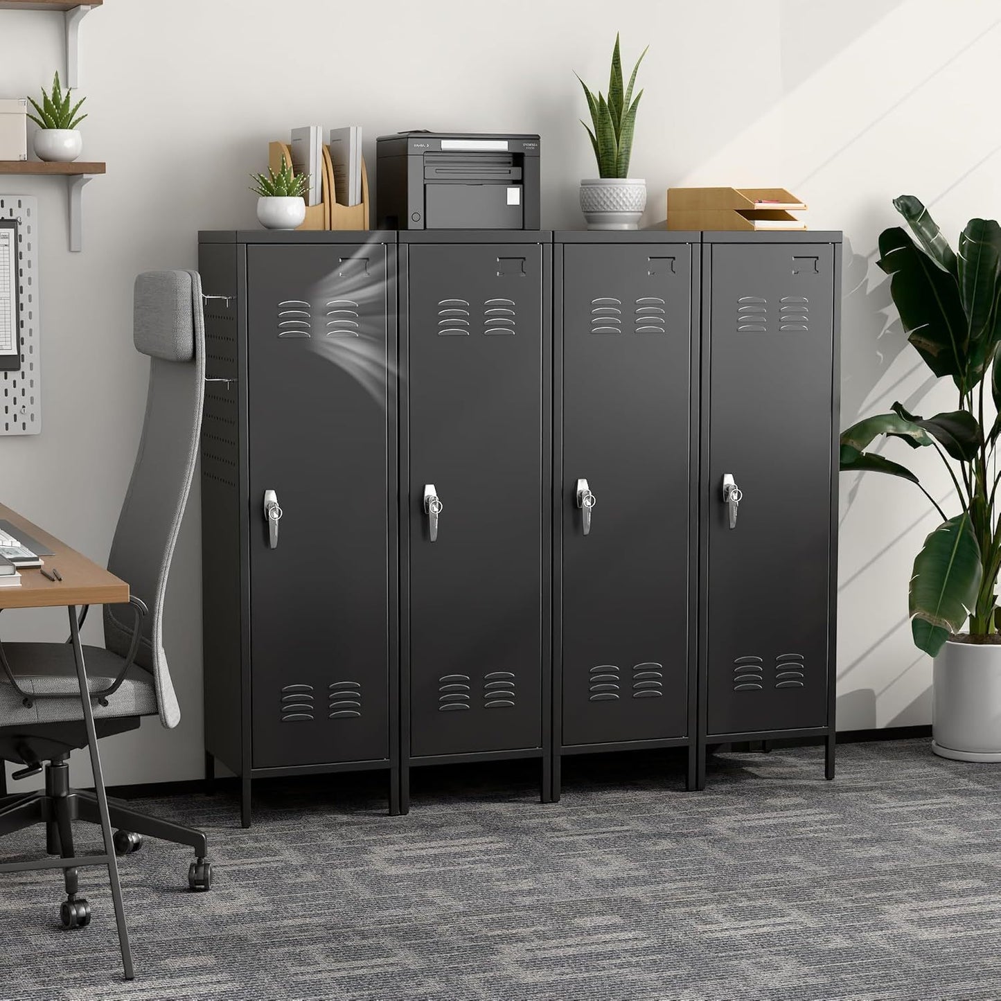 Metal Lockers For Employees With Handle,Metal Storage Locker With 2 Pegboard & 5 Hooks For Gym, School, Office,Home,Garage,Black