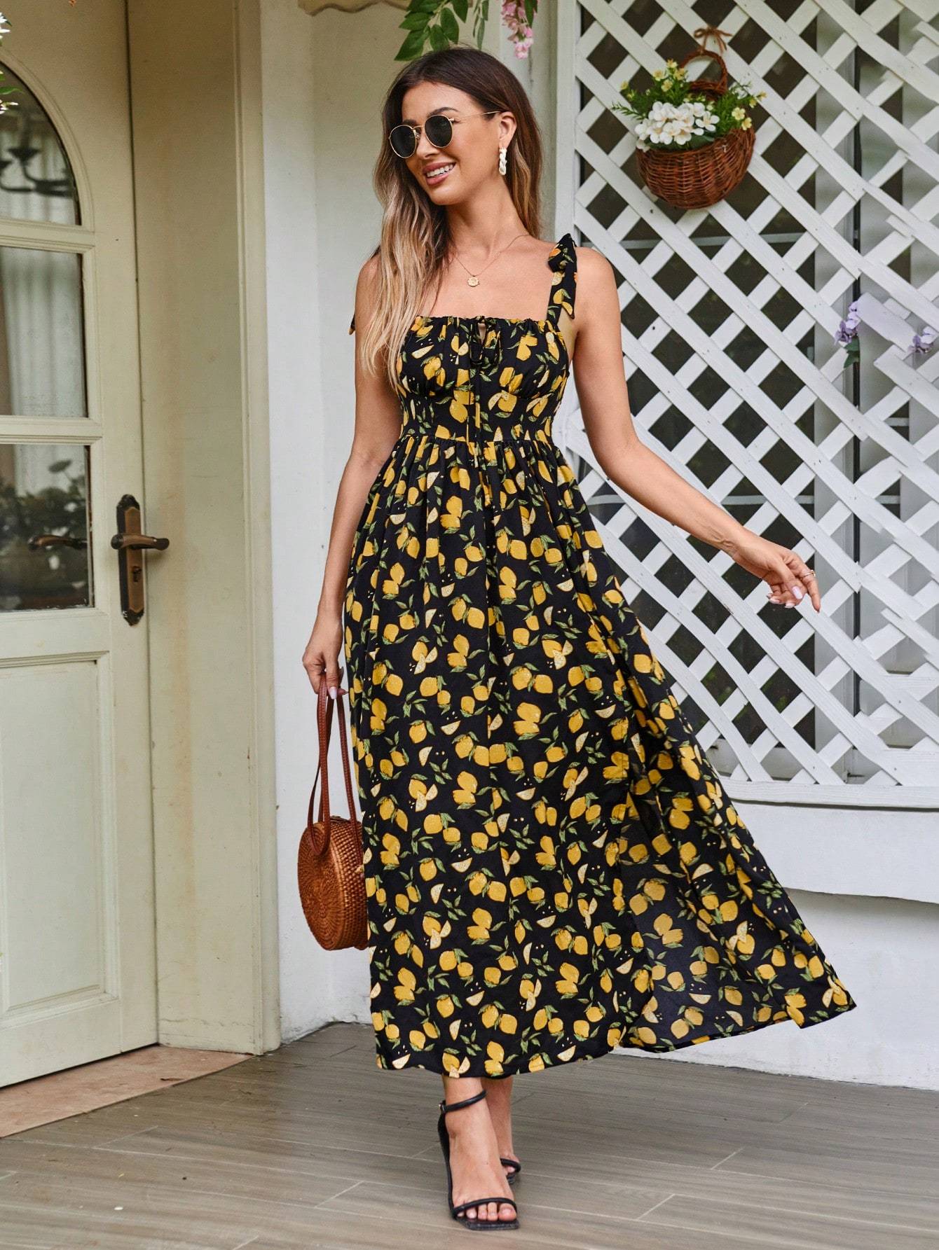 Women's Lace Up Slit Printed Vacation With Summer Halter Dress