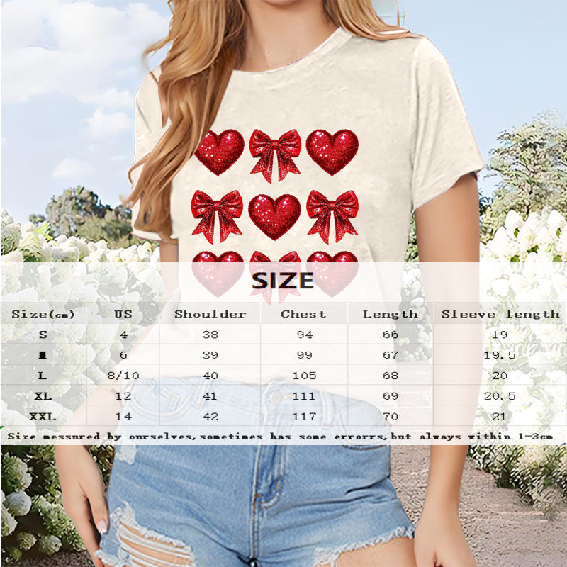 Women's Round Neck Short Sleeve T-Shirt With Bow & Heart Print, Casual Summer Top