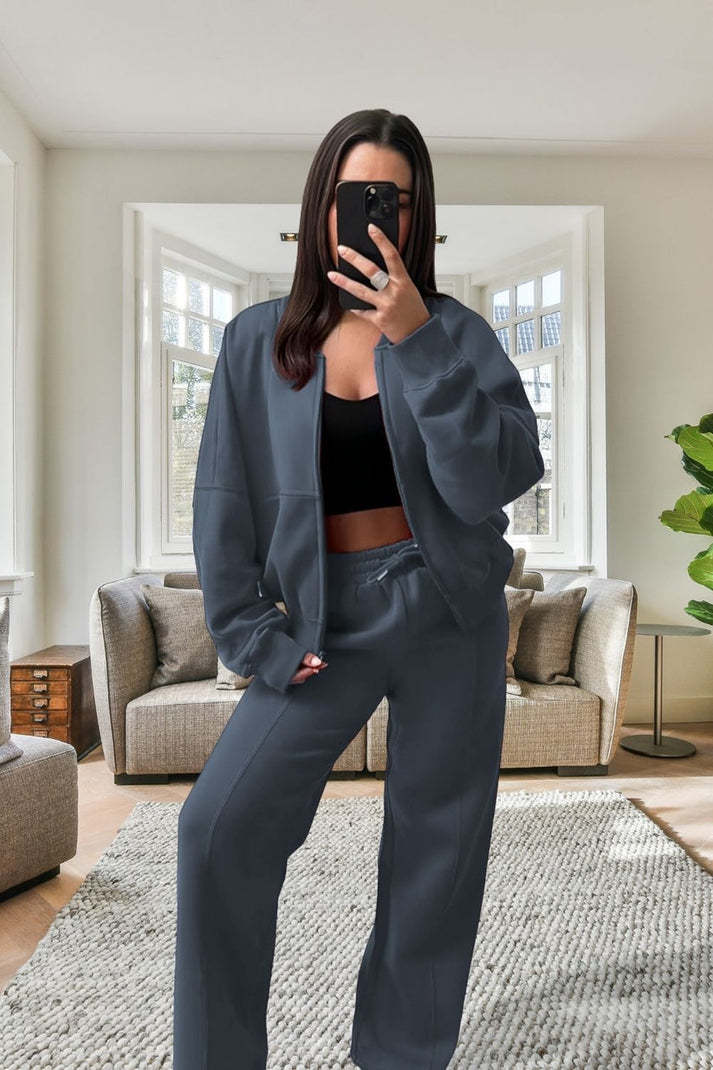 Bomber New Style Oversized Fleece Zipper And Wide Leg Tracksuit