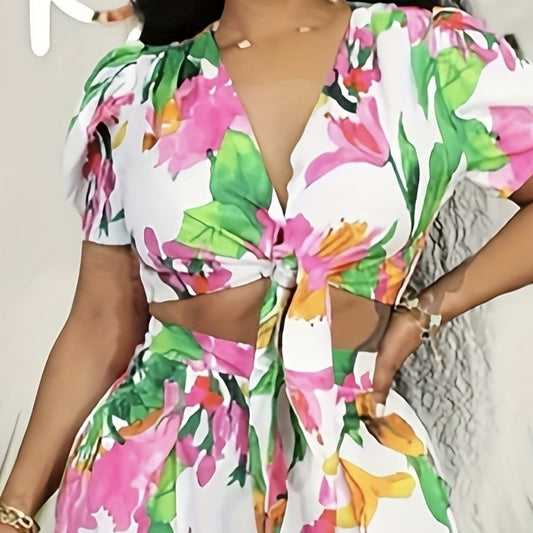 Ladies' Floral Print V-neck Tie Fashion Two-piece Set