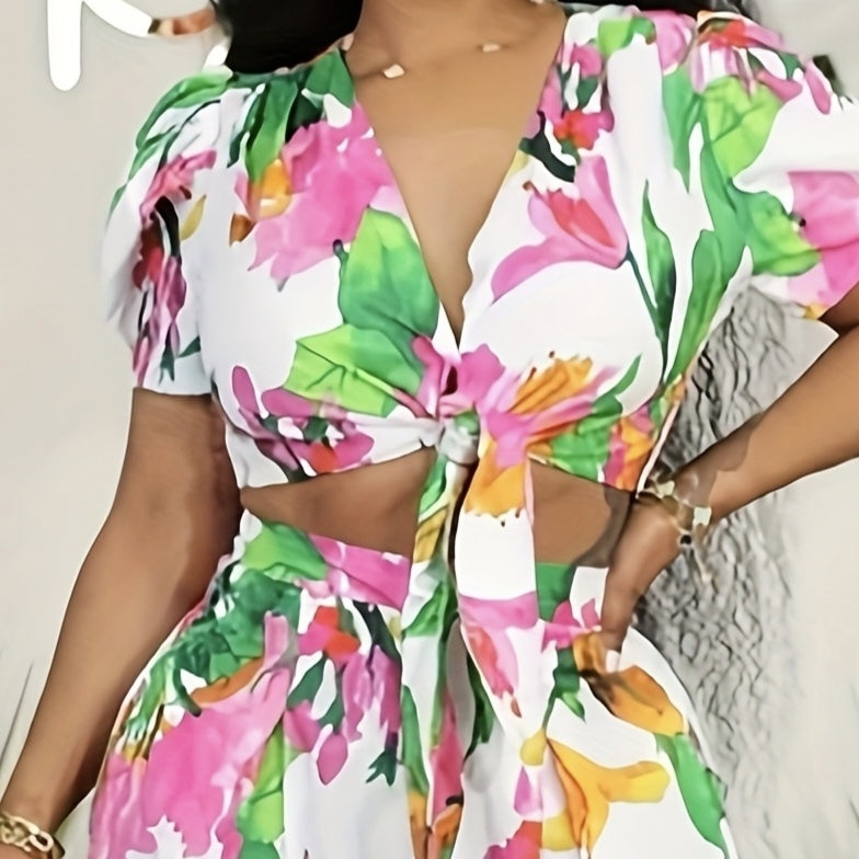 Ladies' Floral Print V-neck Tie Fashion Two-piece Set