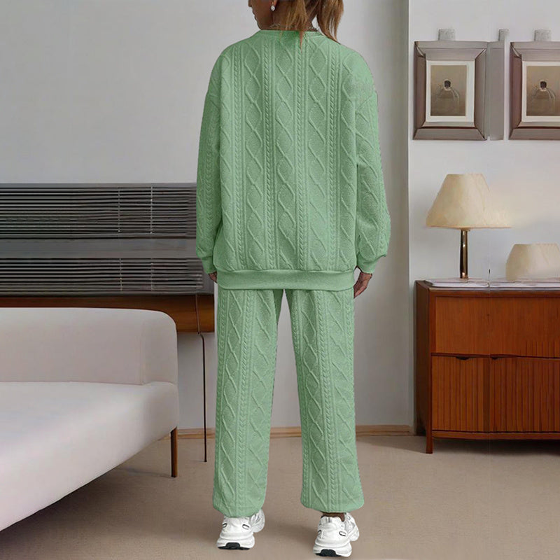 Women's Solid Color Long Sleeve Round Neck Top & Cuffed Pants Set - Ribbed Trim, Minimalist Casual Loungewear For Fall&Winter