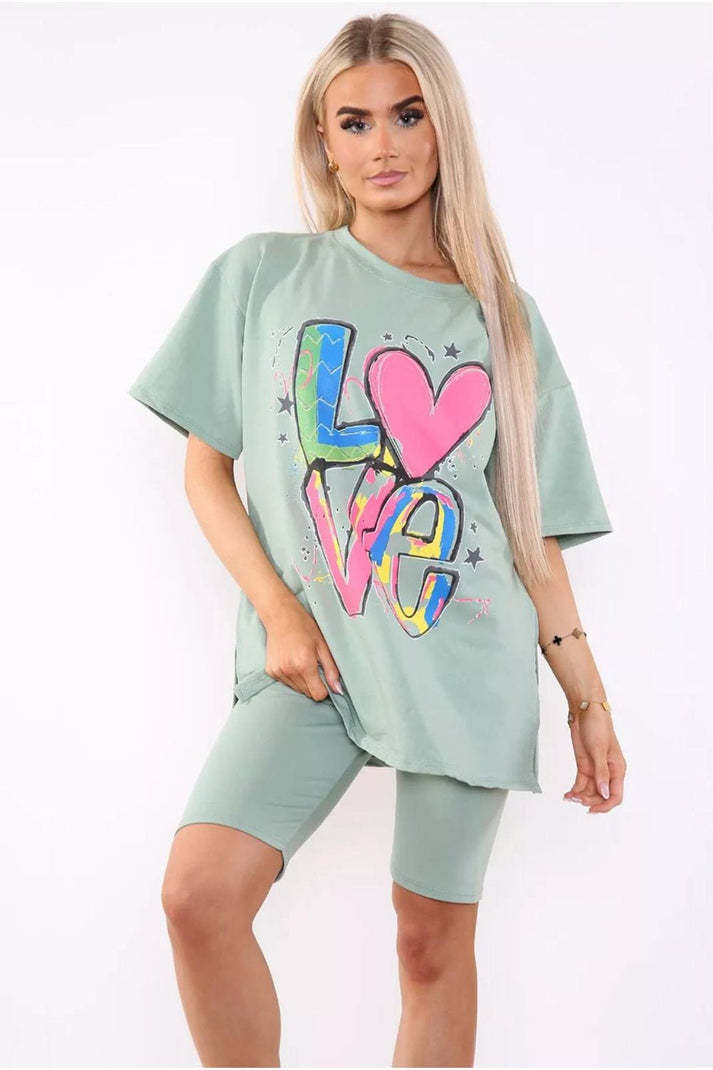 Cycling Short And T-Shirts Co-Ord Two Piece Side Slit Set With Front Printed Slogan