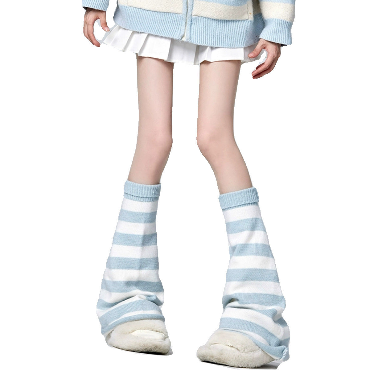 Hot Girl Horn Pile Style White And Blue Striped Leg Warmer Socks