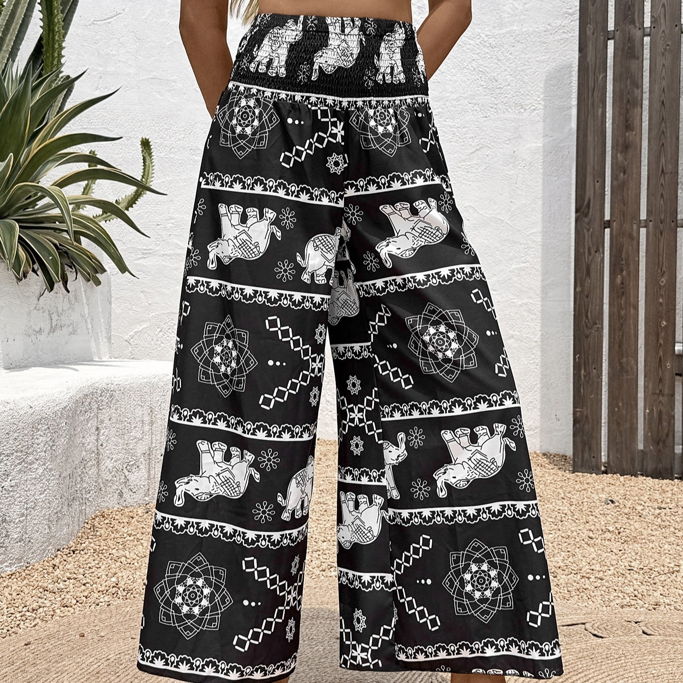 Ladies' Summer Elephant Print Pleated Fashionable And Elegant Wide Leg Pants