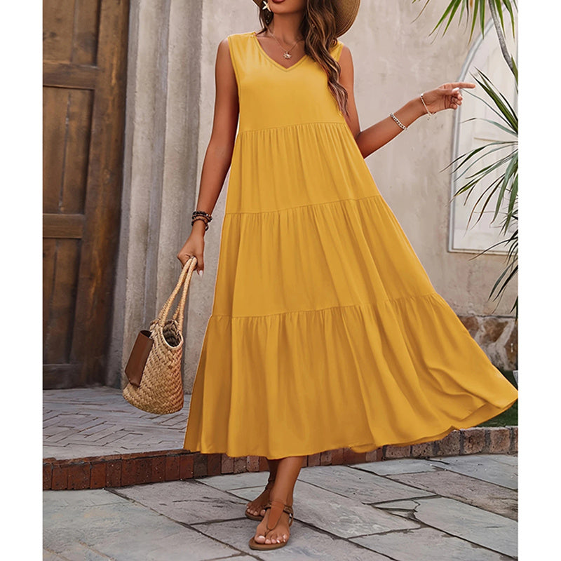 Women's Summer Casual Sleeveless V Neck Swing Dress Flowy Tiered Maxi Beach Dress