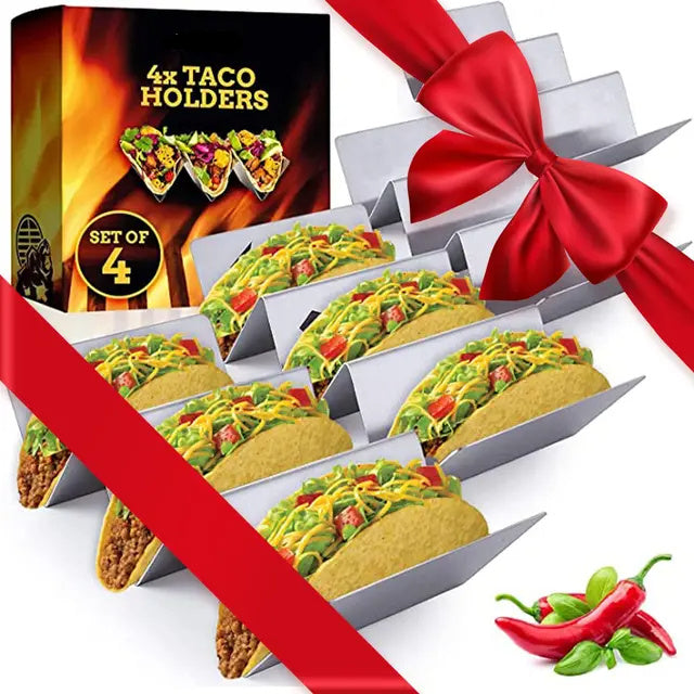 Taco Holder Set Of 4, Reversible Stainless Steel Racks Hold 2 Or 3 Shells, No Mess, Dishwasher Safe