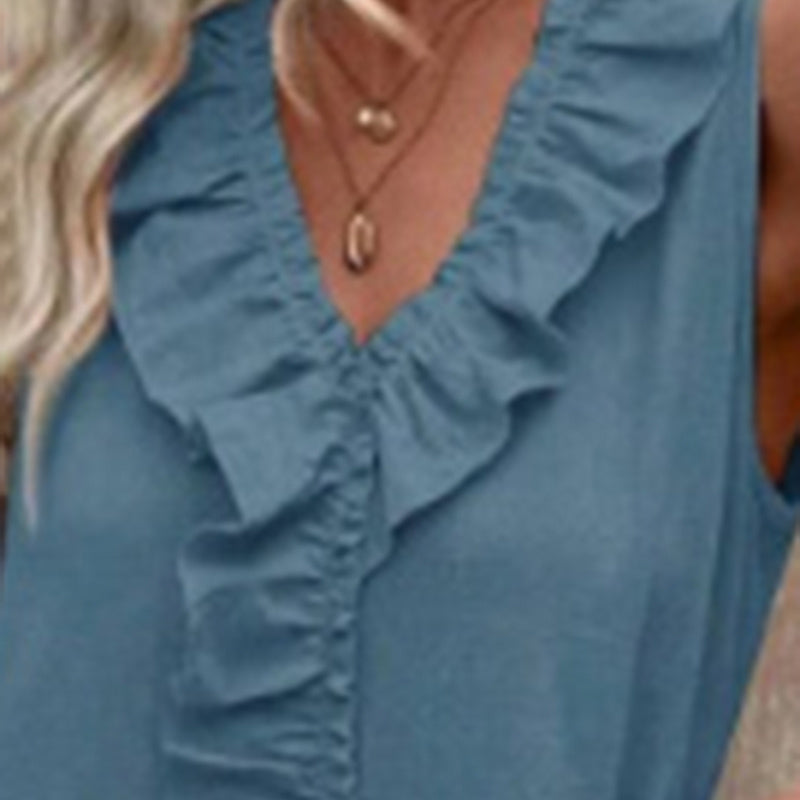 Women's Elegant Casual Summer Dress - V-Neck Sleeveless Ruffled Vacation Long Dress With Pleated Hem