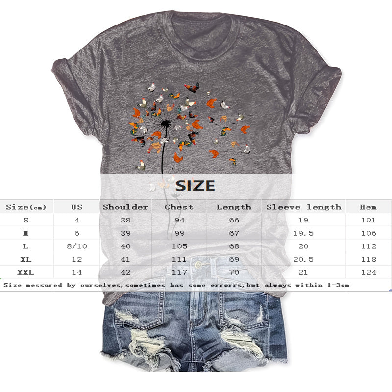Women's Crew Neck Short Sleeve Rooster Dandelion Art Print Tee - Casual Summer Top