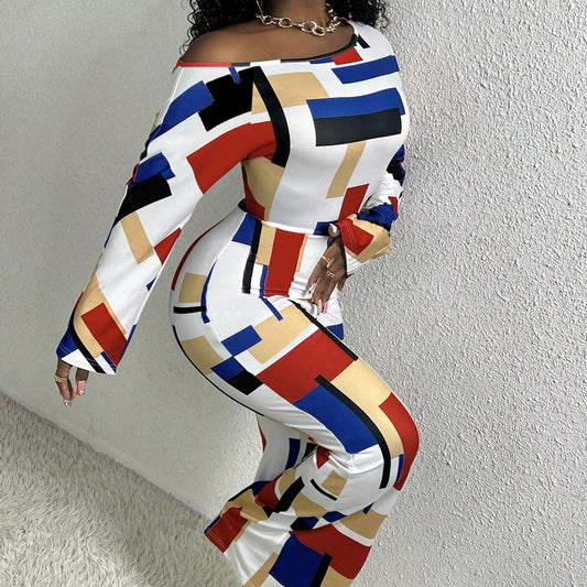 Ladies' Fashionable, Elegant, Versatile Temperament, Geometric Pattern Printed Jumpsuit