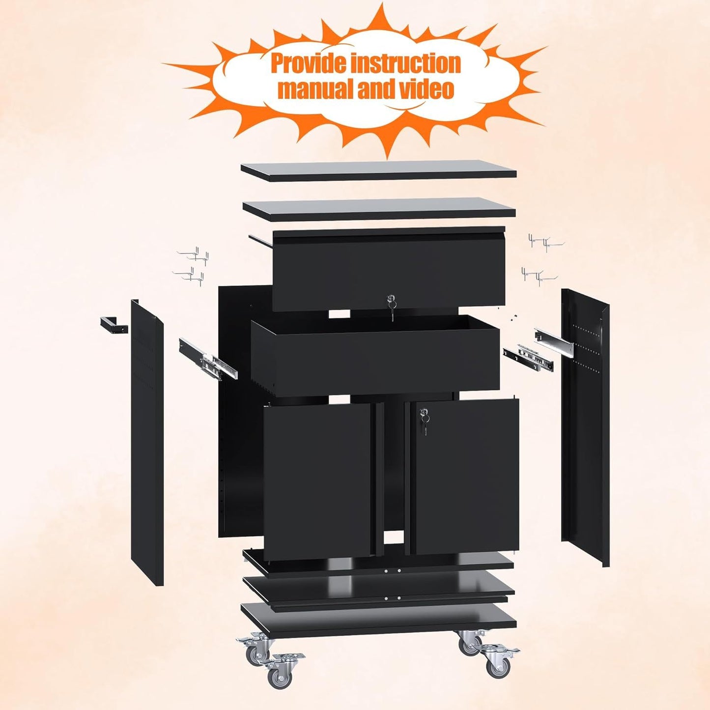 Metal Storage Cabinet On Wheels, Black Rolling Tool Cabinet With Drawer&Pegboard&a Handle&Hooks&Adjustable Shelves For Home Office Garage Warehouse Utility Room, Assembly Required