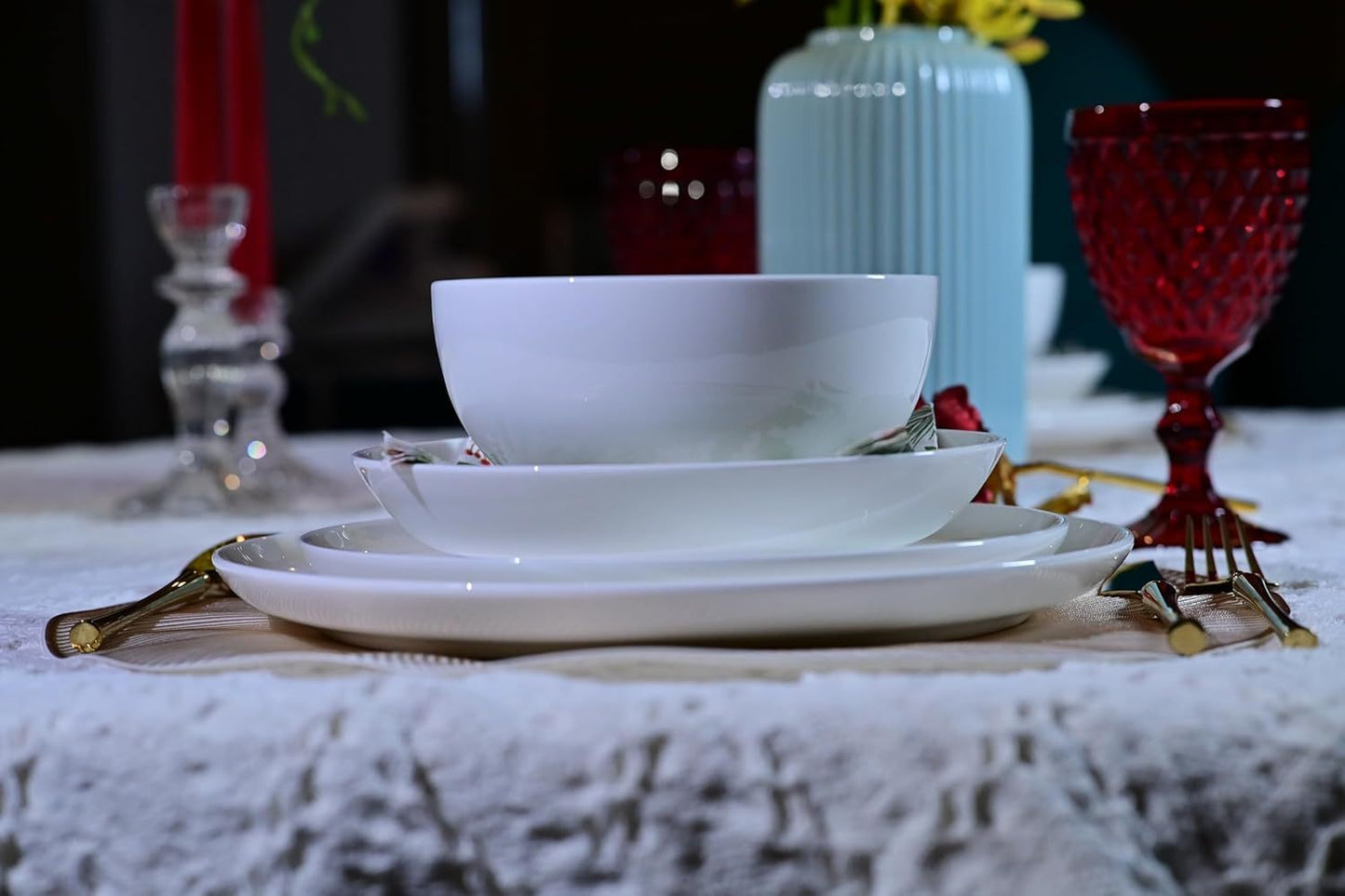 Lily Bone China Dinnerware Set, 16 Pieces, Service For 4, White Plates, Dishes, Bowls Set, Microwave And Dishwasher Safe