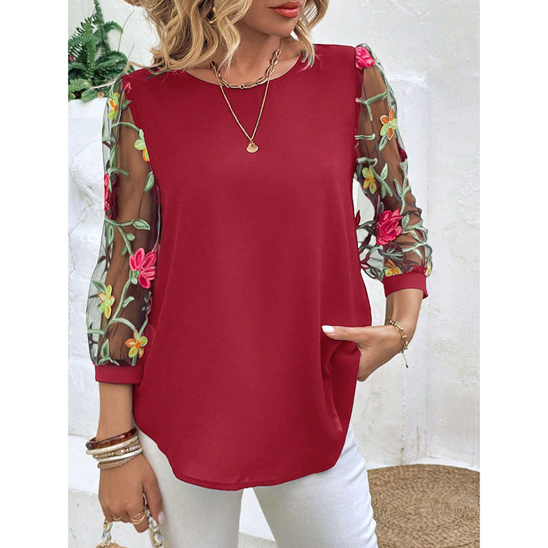 Women's Floral Embroidery Contrast Mesh Puff Sleeve Crew Neck Tee Shirt Tops