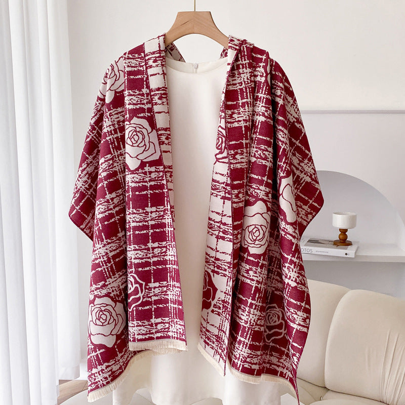 Cashmere-like Double-sided Scarf Camellia Tassel Air-conditioned Room Cloak