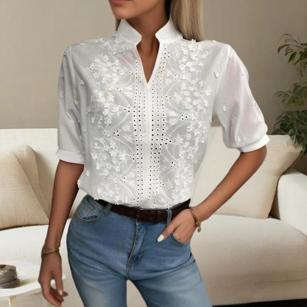 Women's V-Neck Embroidered Lace Short Sleeve Top - Pure White Sheer Mesh Lace Detail, Fashionable Casual Wear For Spring&Summer