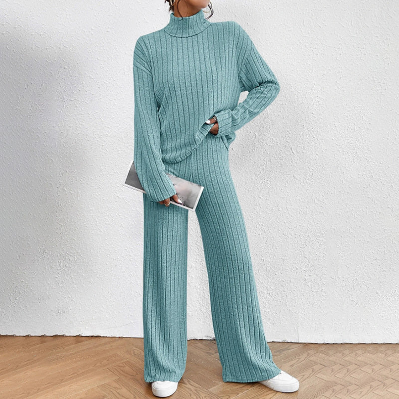 Women's Solid Color 2-Piece Set High Neck Long Sleeve Top & Pants, Striped Loungewear For Fall&Winter