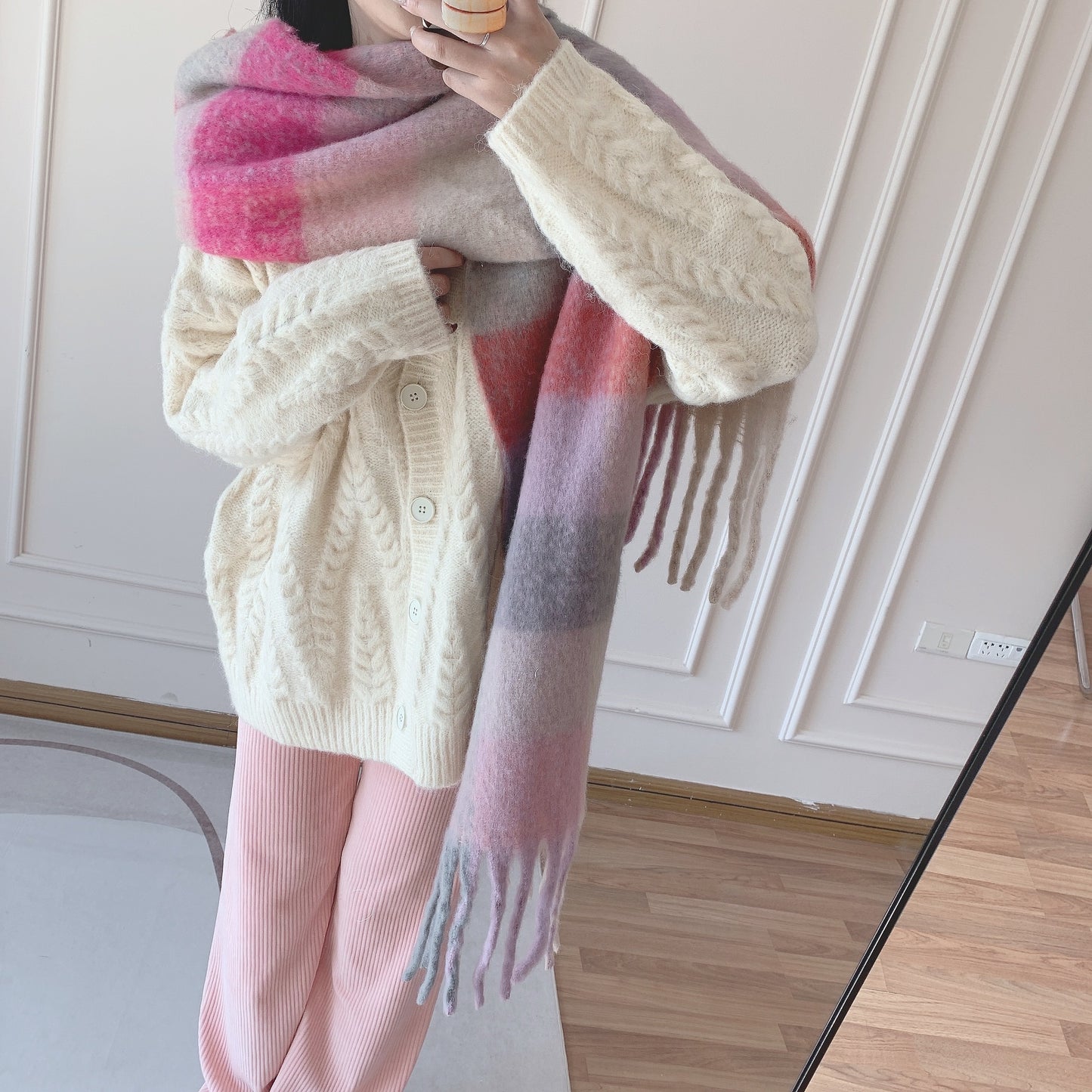 Double-sided Rainbow Plaid Large Scarf In Mohair