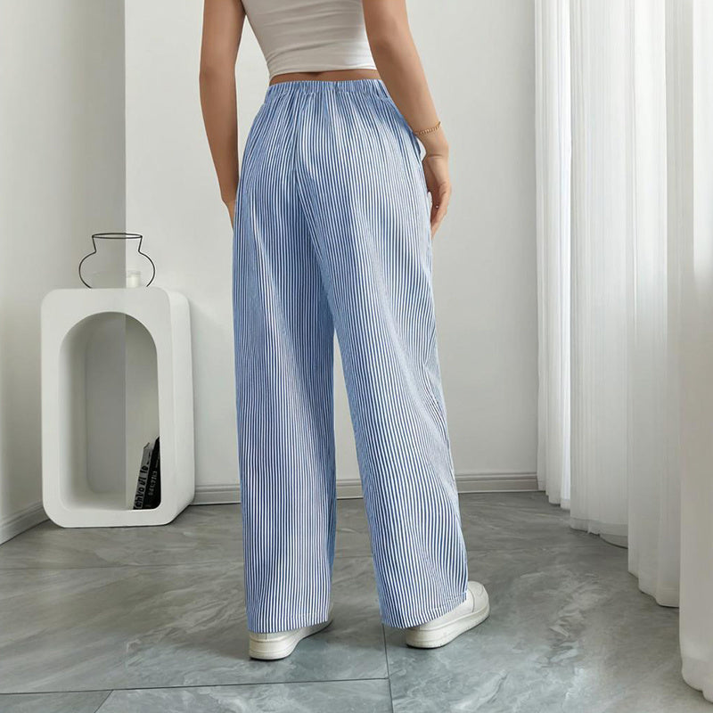 Women's Striped Print Straight Wide Leg Pants Drawstring Waist Slant Pockets Pants Casual Long Pants