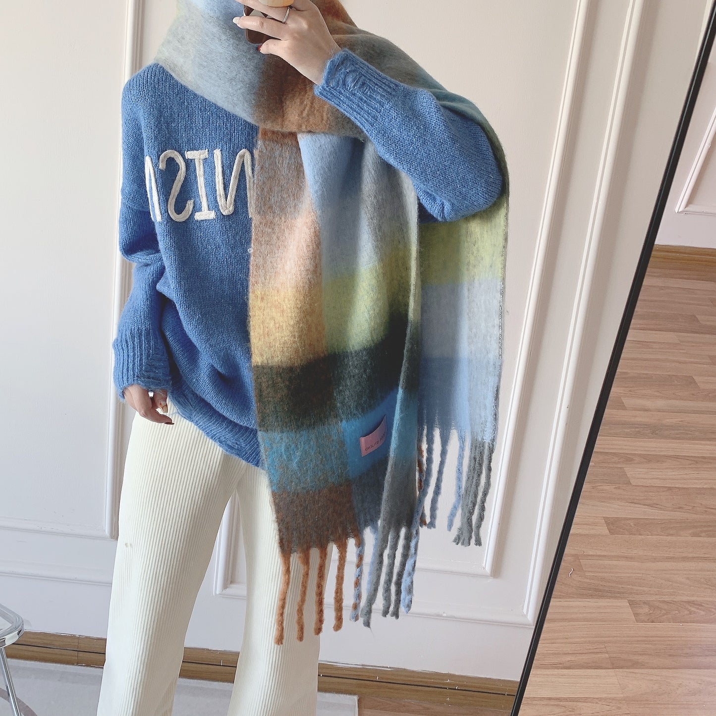 Double-sided Rainbow Plaid Large Scarf In Mohair