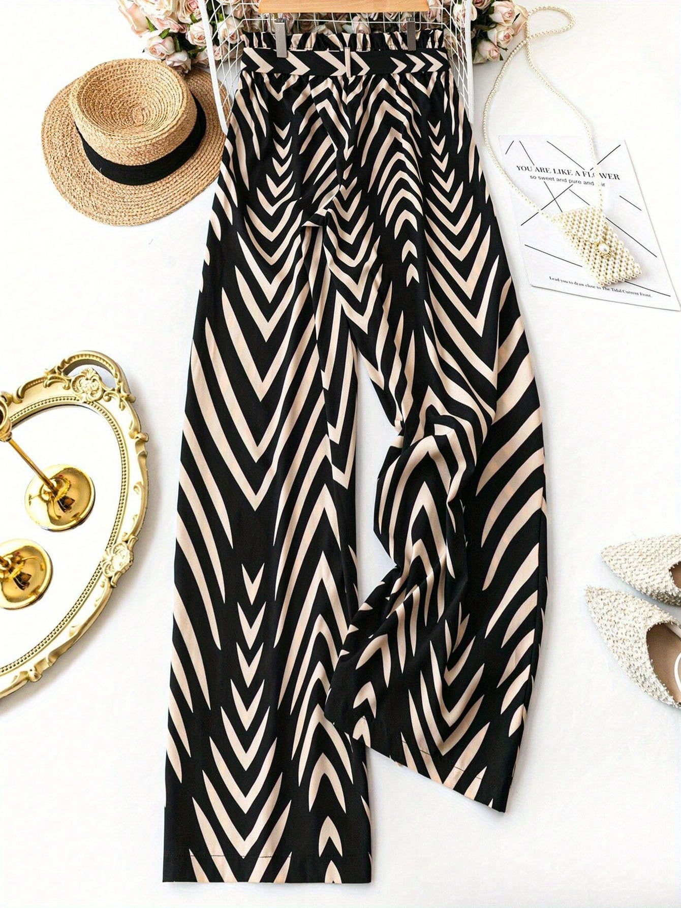 Women's Plus Size Printed Wide-Leg Pants - Summer Office Casual Black Trousers With Belt